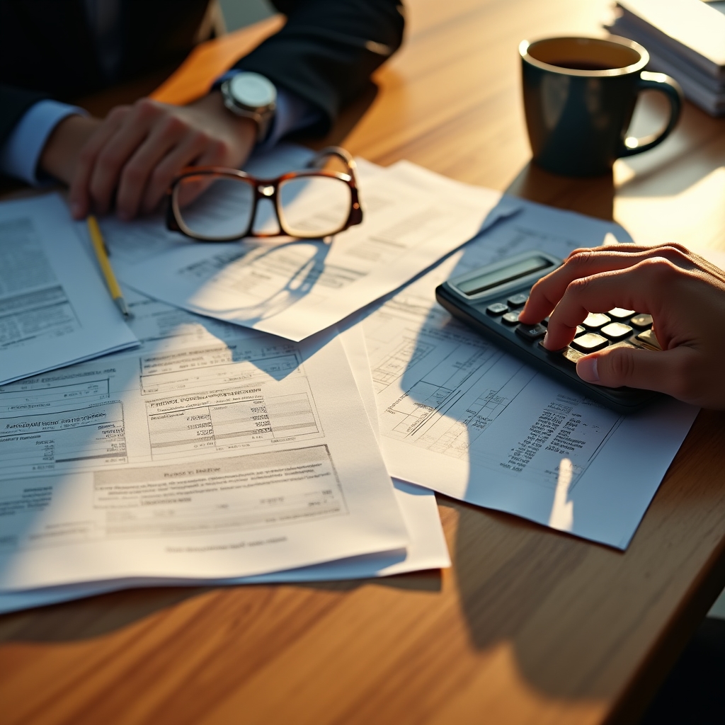 Persona analizando documentos financieros con una calculadora sobre el escritorio