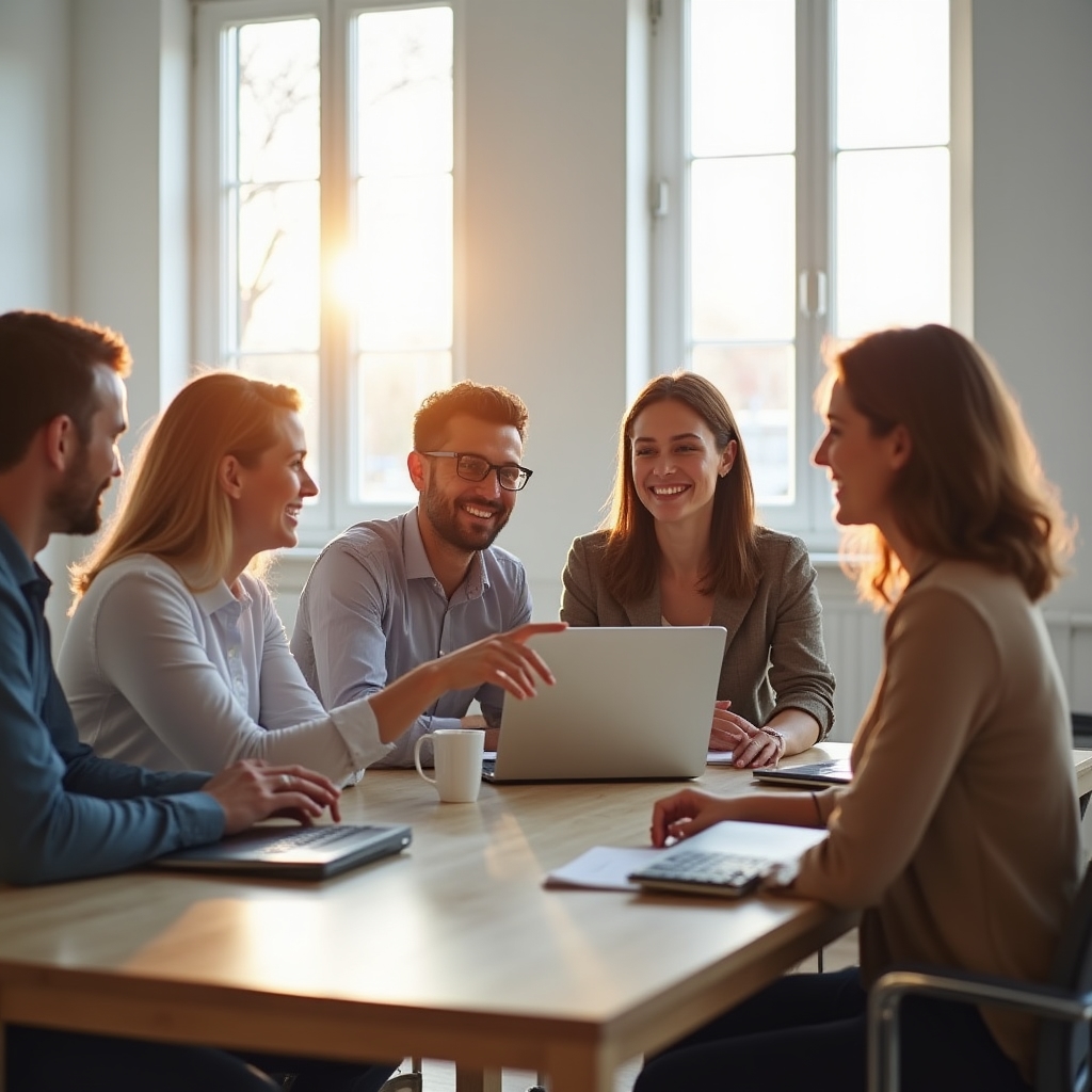 Equipo de trabajo conversando alrededor de una mesa con laptops en una oficina luminosa