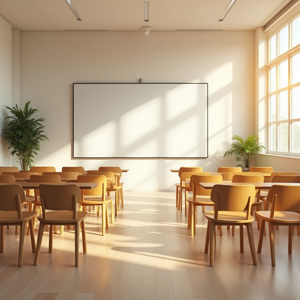 Aula moderna de un centro de capacitación con sillas y pizarra